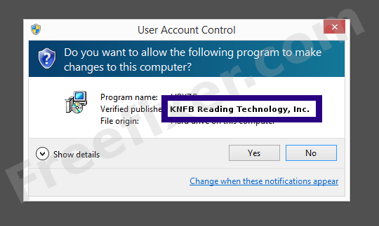 Screenshot where KNFB Reading Technology, Inc. appears as the verified publisher in the UAC dialog